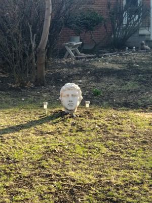 a statue that looks a head that got knocked off a greco-roman is planted in a grassy yard