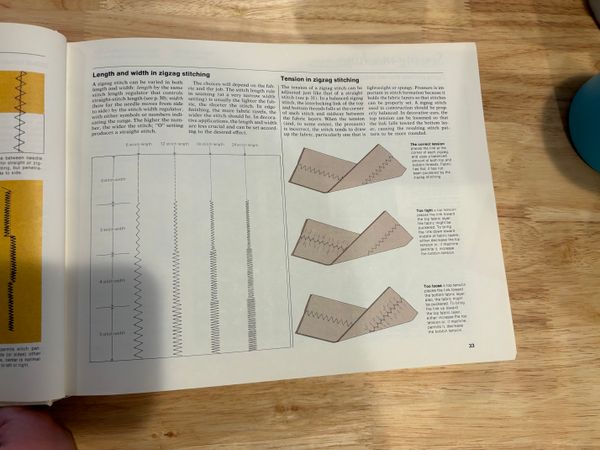 a page of the sewing book understanding zigzag stitches, including how the length and width settings work and how to manage tension