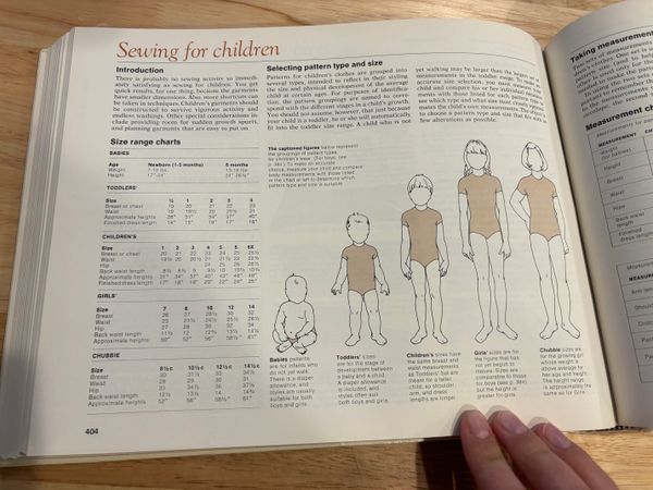 a page of the sewing book on Sewing For Children, including diagrams and sizing recommendation on average size of kids at various ages
