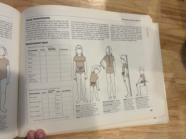 a page of the sewing book on Sewing For Children: Taking Measurements, including diagrams for how to measure children to determine the pattern sizes to use